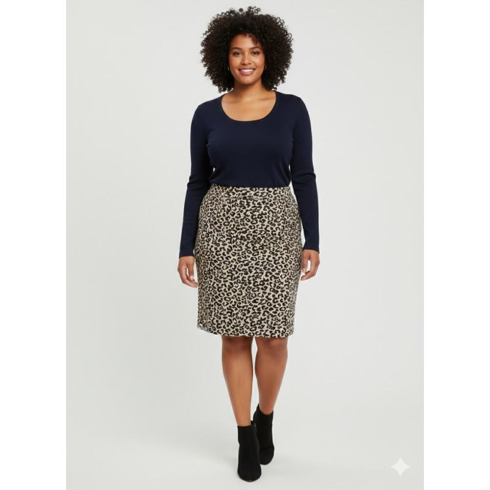 Talbots Leopard Print Pencil Skirt Womens Sz 20W Tan Navy‎ Plus Size Office Wear - Picture 2 of 11